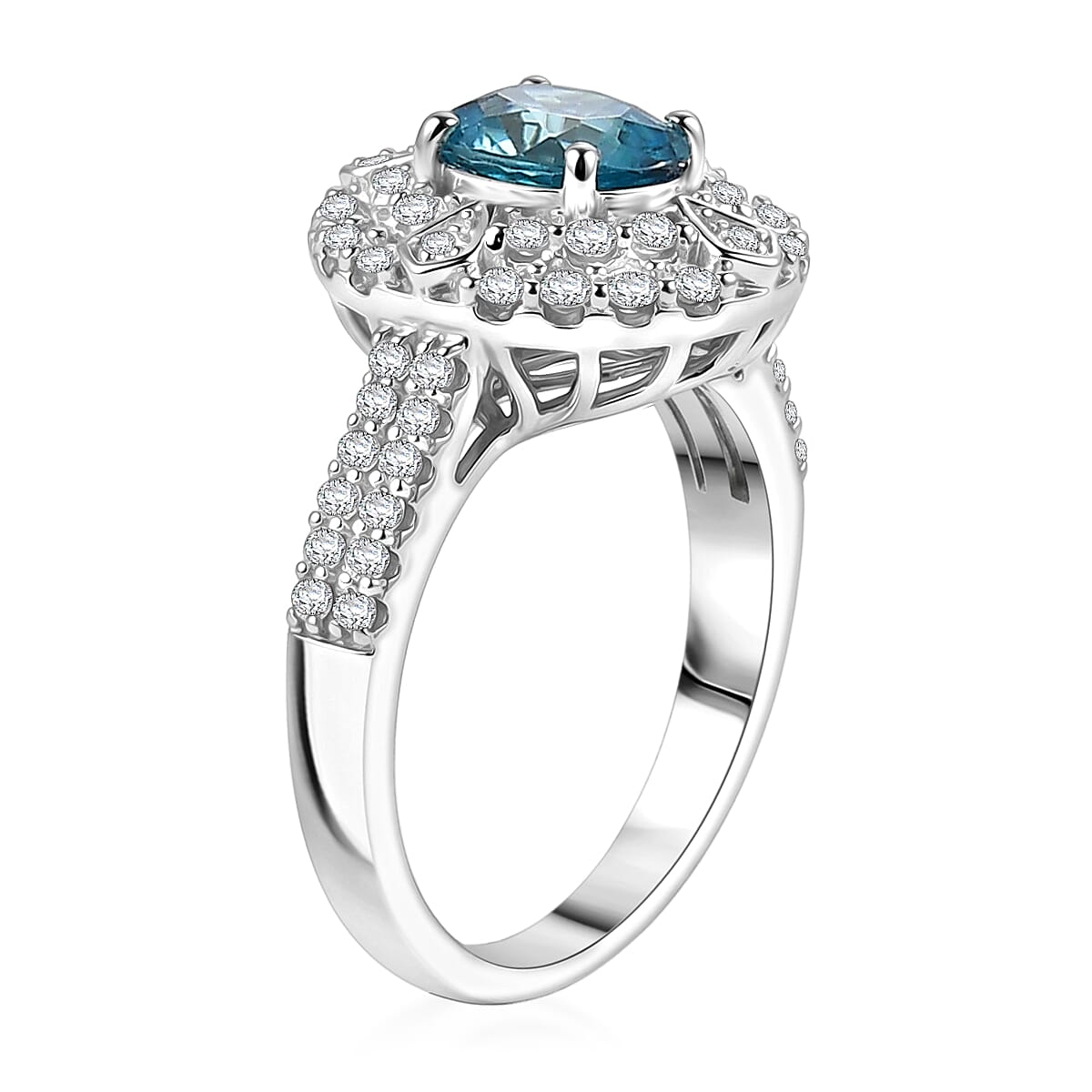 Certified & Appraised D'Joy Cambodian Blue Zircon and Moissanite 3.20 ctw Ring in Rhodium Over Sterling Silver (Size 9.0) image number 3