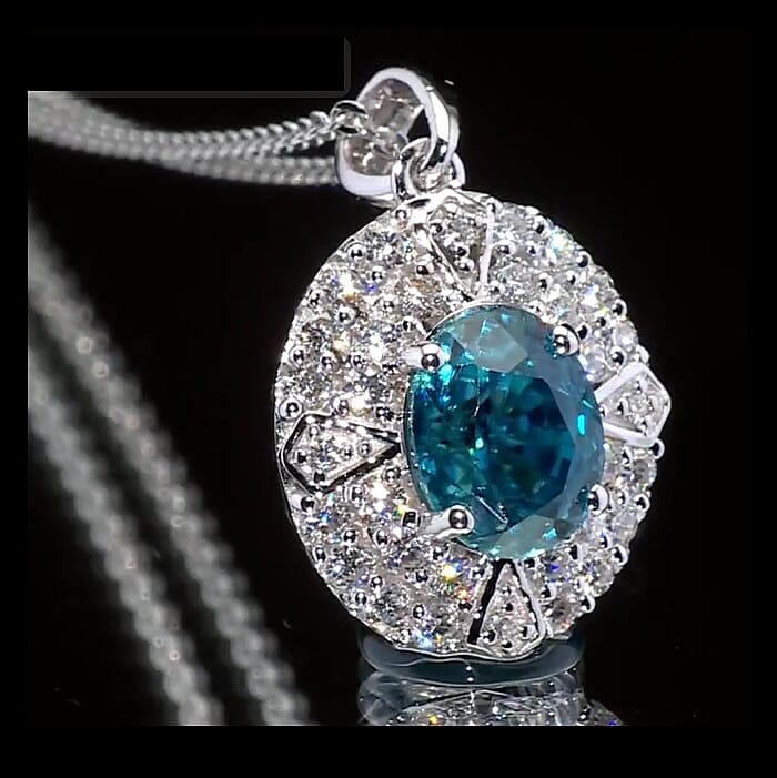 D'Joy Blue Zircon and Moissanite 3.10 ctw Pendant without Chain in Rhodium Over Sterling Silver