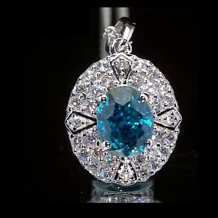 D'Joy Blue Zircon and Moissanite 3.10 ctw Pendant without Chain in Rhodium Over Sterling Silver