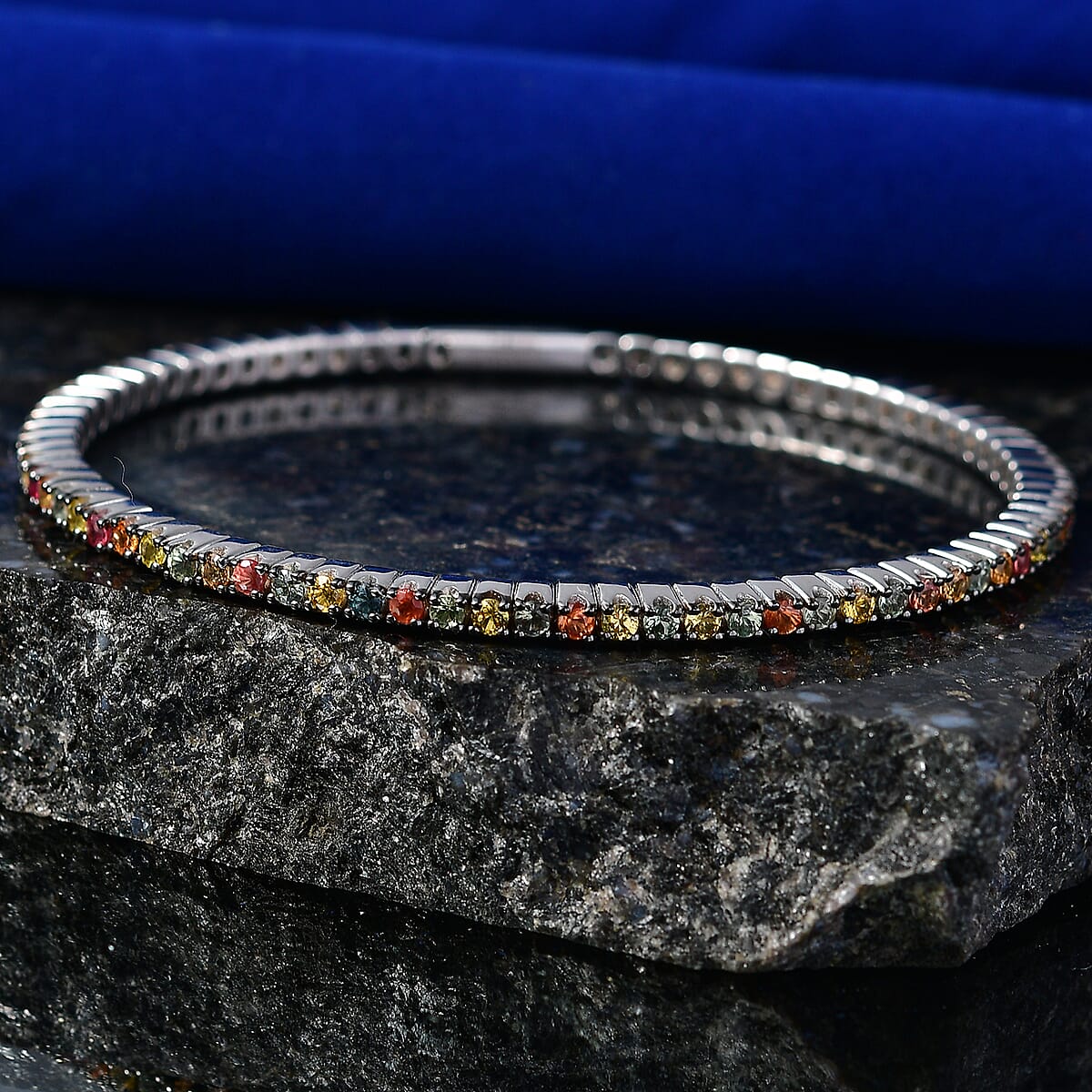 D'Joy Premium Multi Sapphire 5.50 ctw Bangle Bracelet in Rhodium Over Sterling Silver (7.25 In) image number 1