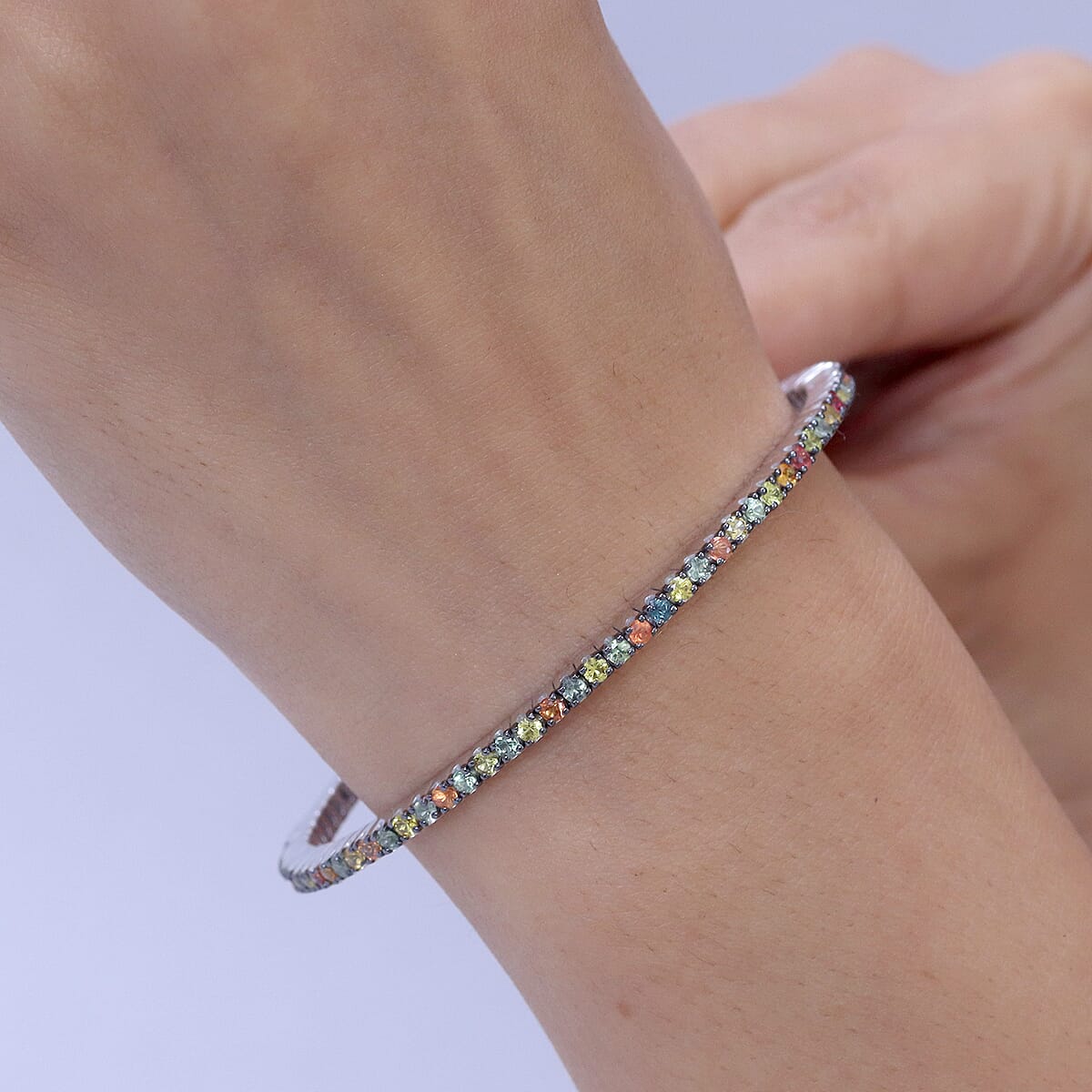 D'Joy Premium Multi Sapphire 5.50 ctw Bangle Bracelet in Rhodium Over Sterling Silver (7.25 In) image number 2