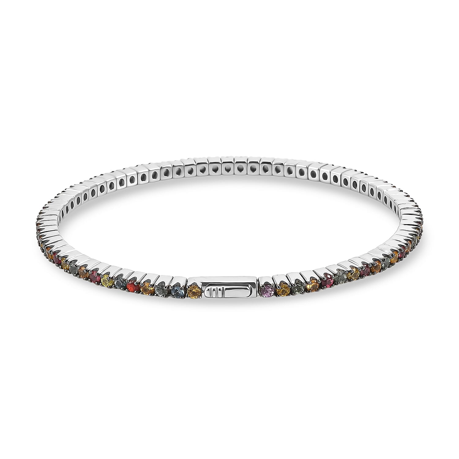 D'Joy Premium Multi Sapphire 5.50 ctw Bangle Bracelet in Rhodium Over Sterling Silver (7.25 In)