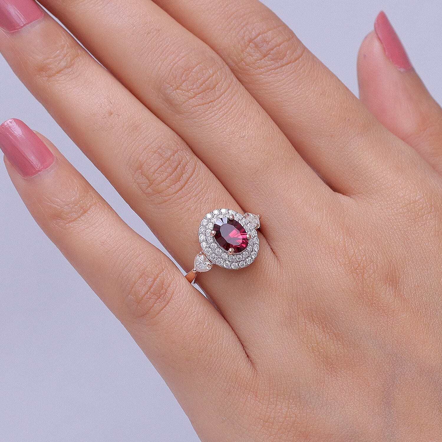 Certified and Appraised D'Joy Premium Tanzanian Mahenge Garnet and Moissanite 2.60 ctw Ring in 18K Vermeil Rose Gold Over Sterling Silver (Size 6.0)