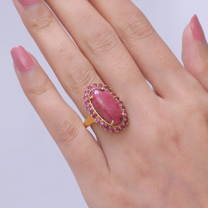EverTrue Premium Norwegian Thulite and Orissa Rhodolite Garnet 13.20 ctw Blooming Rose Elegance Ring in 18K Yellow Gold Plated (Size 7.0)