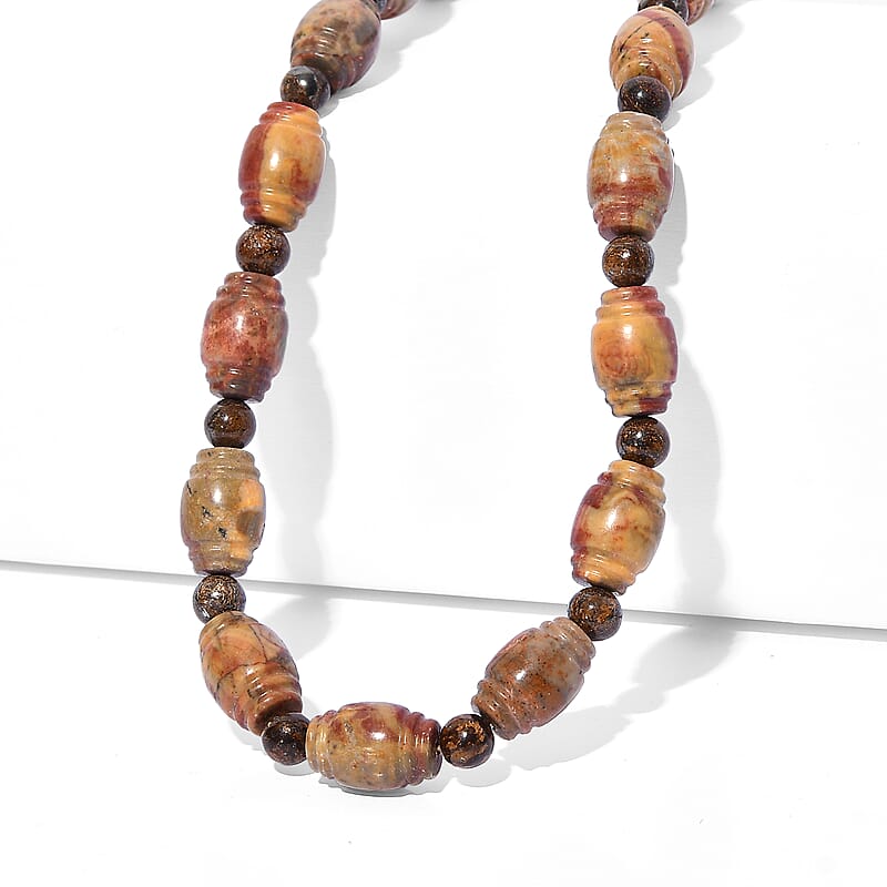 EverTrue Artistic Jasper and Bronzite 285.00 ctw Beaded Necklace (18-20 Inches) in ION Plated YG Stainless Steel