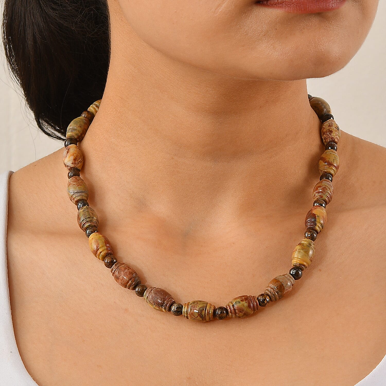 EverTrue Artistic Jasper and Bronzite 285.00 ctw Beaded Necklace (18-20 Inches) in ION Plated YG Stainless Steel