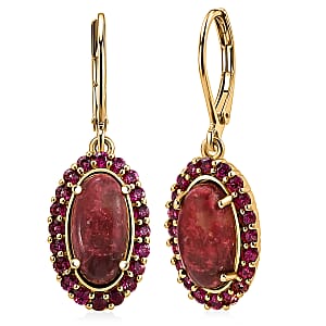 EverTrue Premium Norwegian Thulite and Orissa Rhodolite Garnet 6.60 ctw Blooming Rose Elegance Earrings in 18K Yellow Gold Plated
