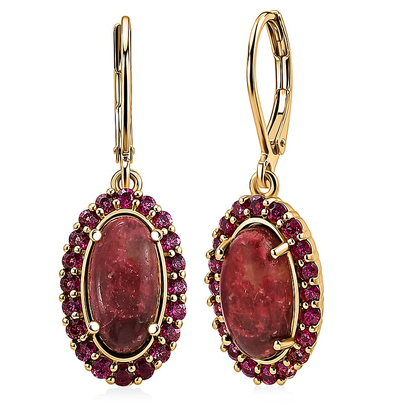 EverTrue Premium Norwegian Thulite and Orissa Rhodolite Garnet 6.60 ctw Blooming Rose Elegance Earrings in 18K Yellow Gold Plated