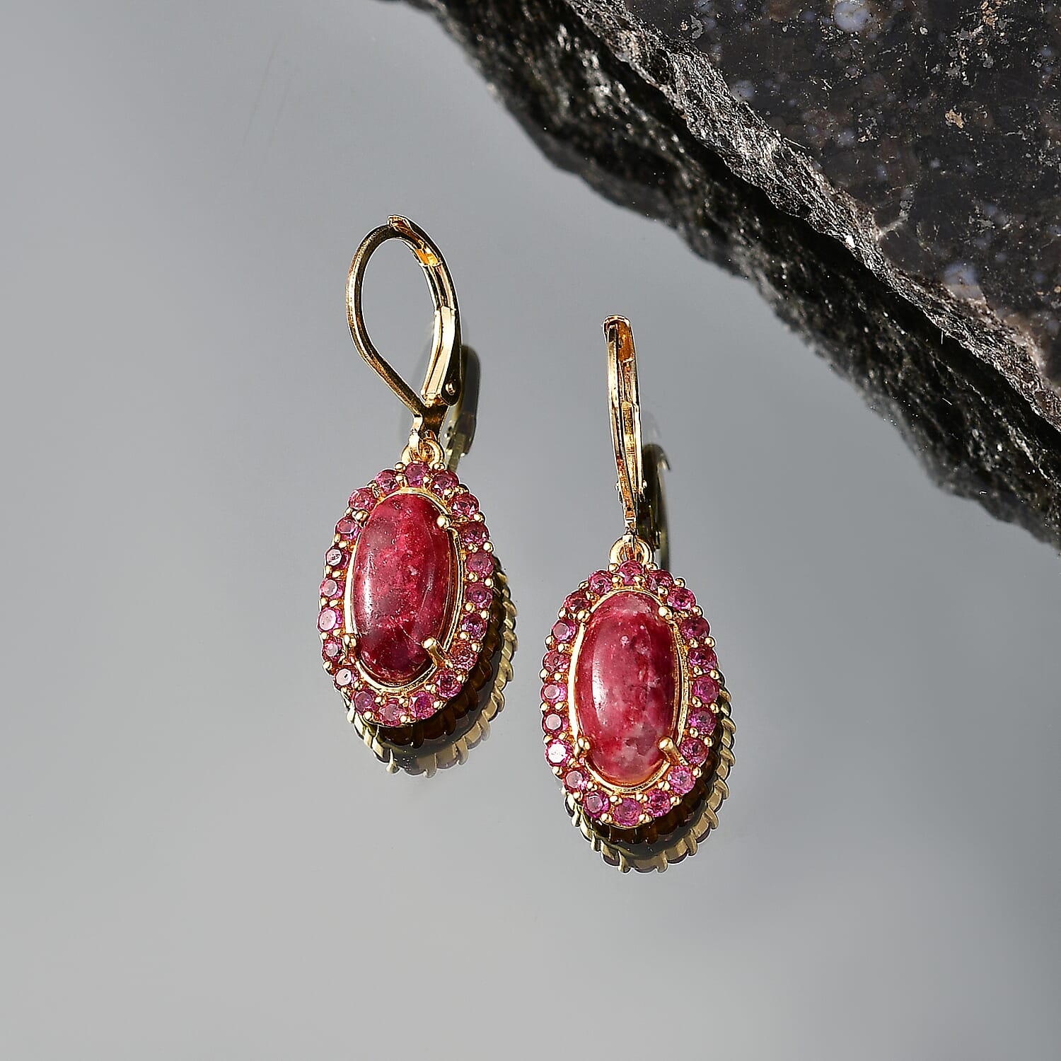 EverTrue Premium Norwegian Thulite and Orissa Rhodolite Garnet 6.60 ctw Blooming Rose Elegance Earrings in 18K Yellow Gold Plated