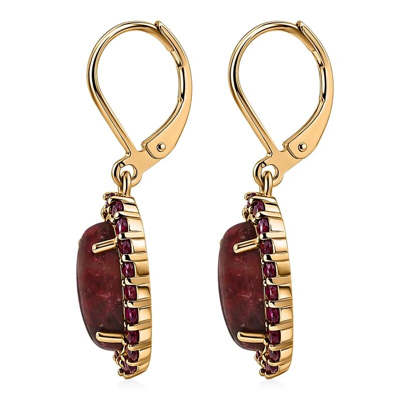 EverTrue Premium Norwegian Thulite and Orissa Rhodolite Garnet 7.50 ctw Blooming Rose Elegance Earrings in 18K Yellow Gold Plated