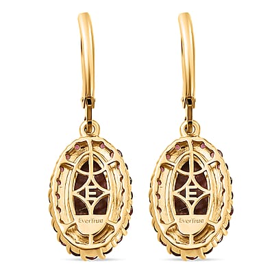 EverTrue Premium Norwegian Thulite and Orissa Rhodolite Garnet 6.60 ctw Blooming Rose Elegance Earrings in 18K Yellow Gold Plated