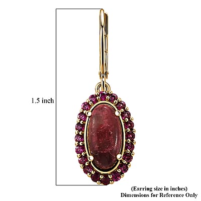 EverTrue Premium Norwegian Thulite and Orissa Rhodolite Garnet 6.60 ctw Blooming Rose Elegance Earrings in 18K Yellow Gold Plated