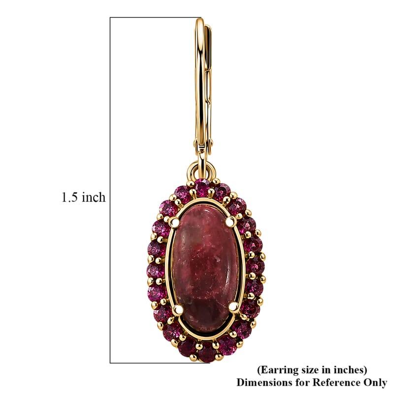 EverTrue Premium Norwegian Thulite and Orissa Rhodolite Garnet 7.50 ctw Blooming Rose Elegance Earrings in 18K Yellow Gold Plated