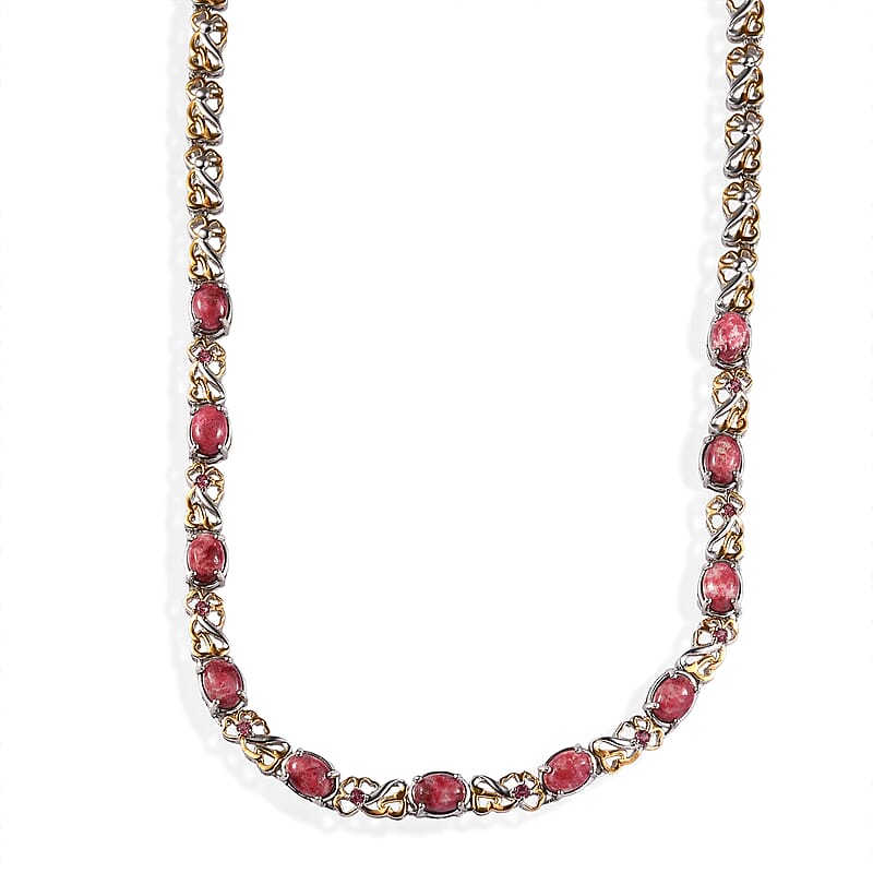 EverTrue Premium Norwegian Thulite and Orissa Rose Garnet 12.50 ctw Blush Bloom Vine Necklace in 18K YG Plated and Platinum Bond (18 Inches)