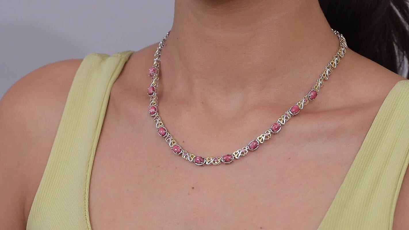 EverTrue Premium Norwegian Thulite and Orissa Rose Garnet 12.50 ctw Blush Bloom Vine Necklace in 18K YG Plated and Platinum Bond (18 Inches) (Ships in 10-12 Days)