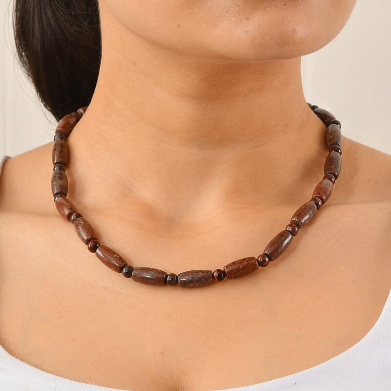 EverTrue Red Jasper and Red Tiger Eye 210.00 ctw Beaded Necklace (18 Inches) in ION Plated YG Stainless Steel