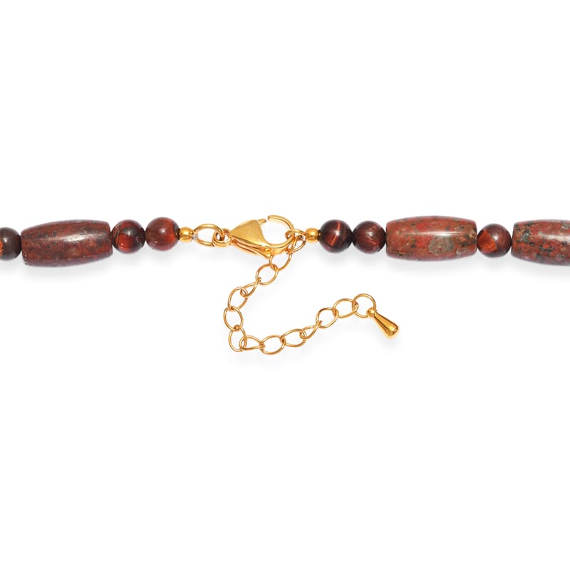 EverTrue Red Jasper and Red Tiger Eye 210.00 ctw Beaded Necklace (18 Inches) in ION Plated YG Stainless Steel