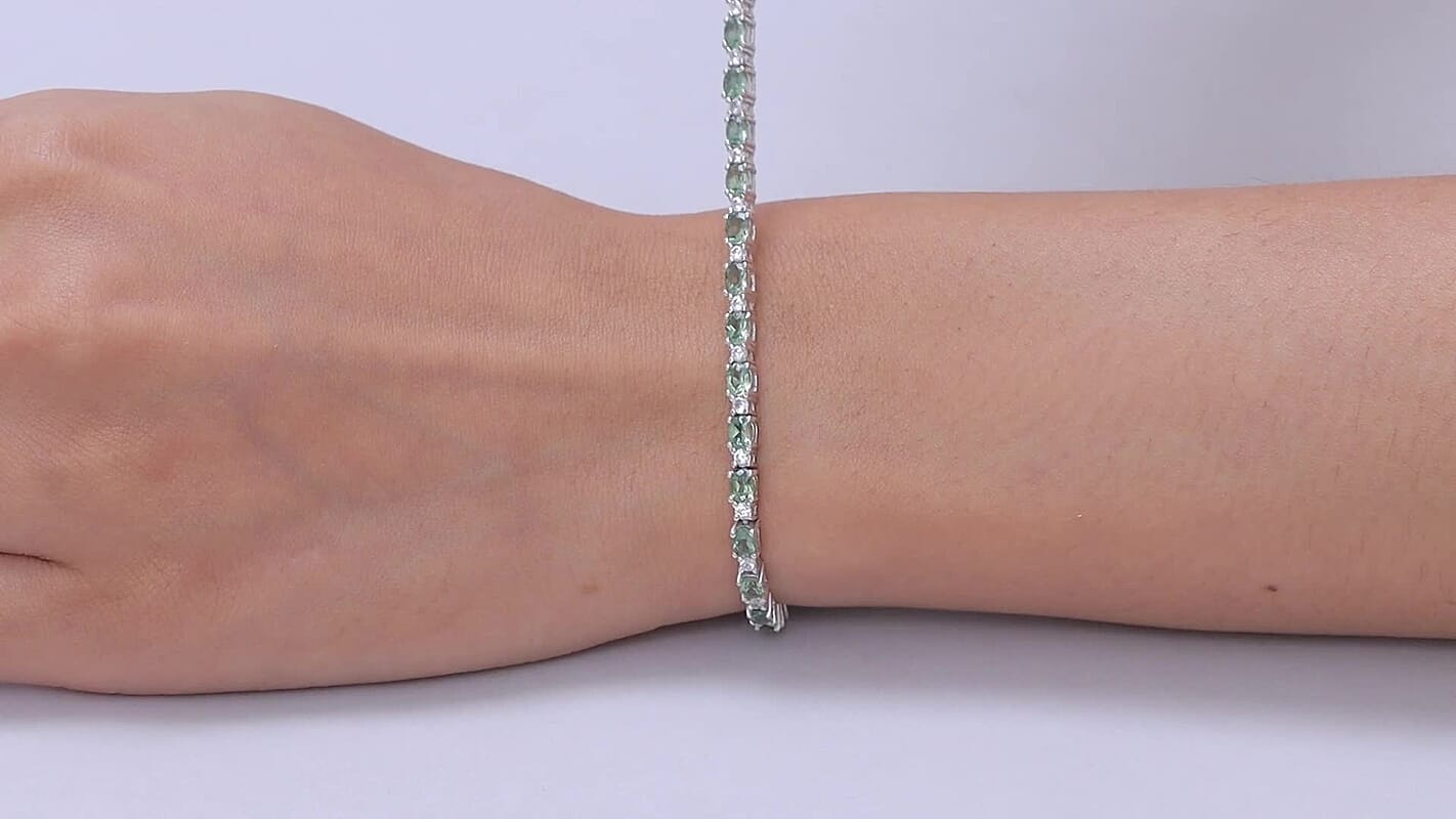 D'Joy Premium Natural Green Apatite, White Zircon Tennis Bracelet in Rhodium Over Sterling Silver (7.25 In) 6.50 ctw