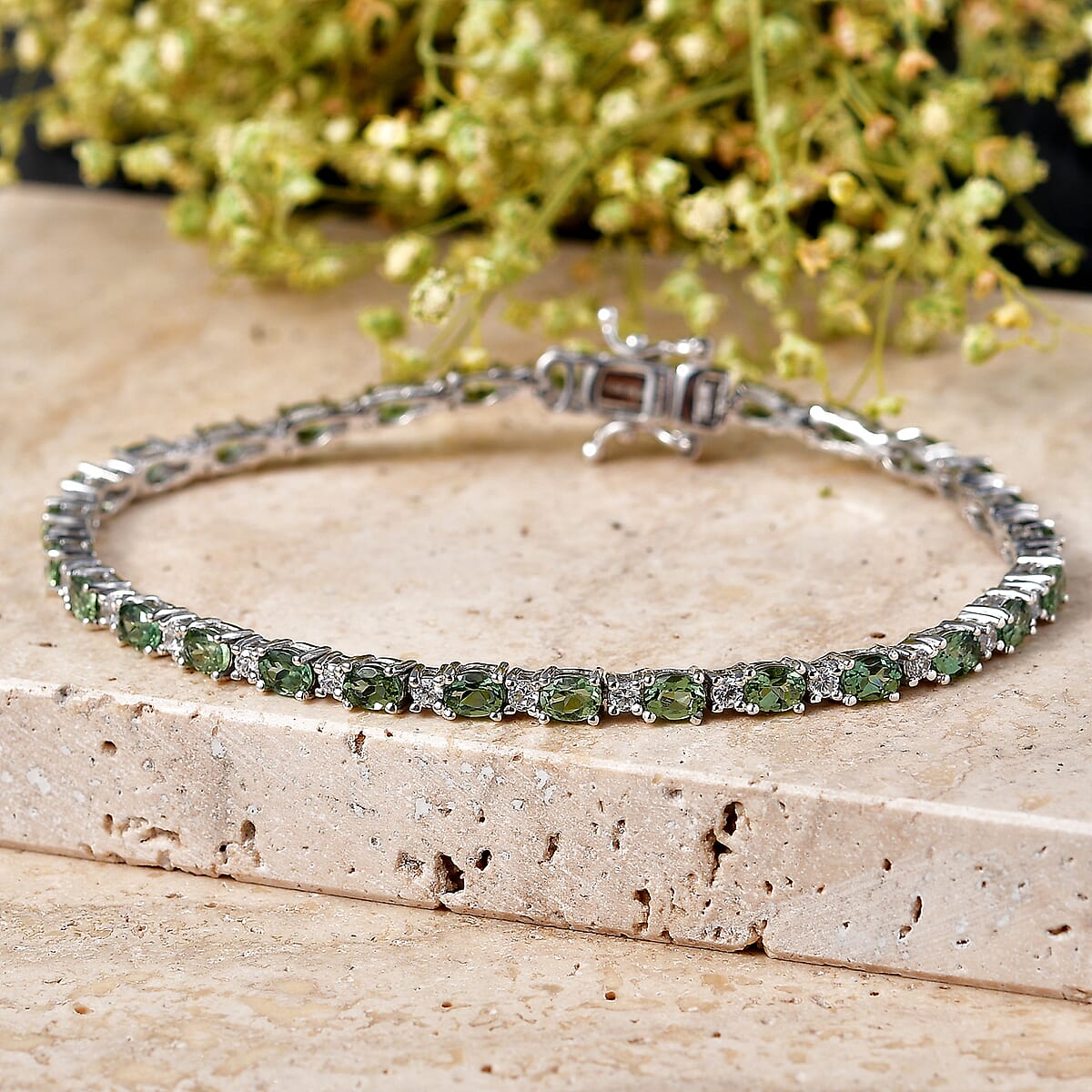 D'Joy Premium Natural Green Apatite and White Zircon 6.50 ctw Tennis Bracelet in Rhodium Over Sterling Silver (7.25 In) image number 1