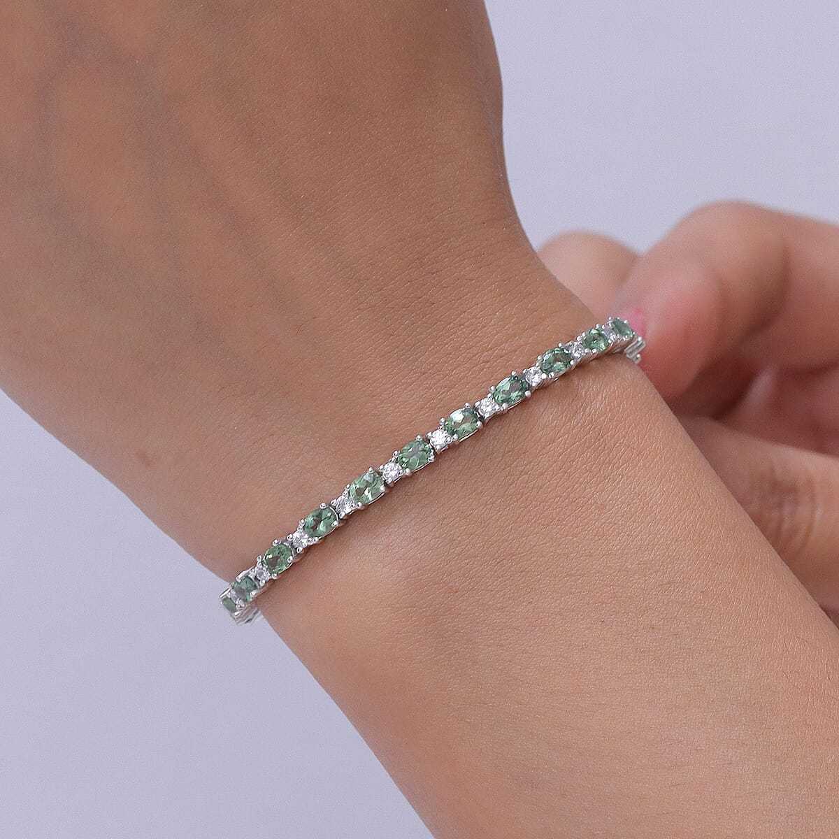 D'Joy Premium Natural Green Apatite and White Zircon 6.50 ctw Tennis Bracelet in Rhodium Over Sterling Silver (7.25 In) image number 2