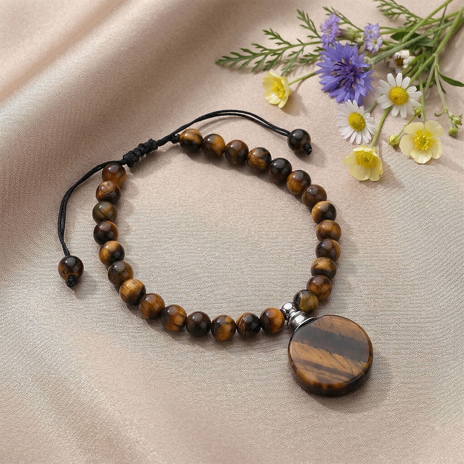 Yellow Tiger's Eye 65.00 ctw Beaded Bracelet in Silvertone (6-8.5In)
