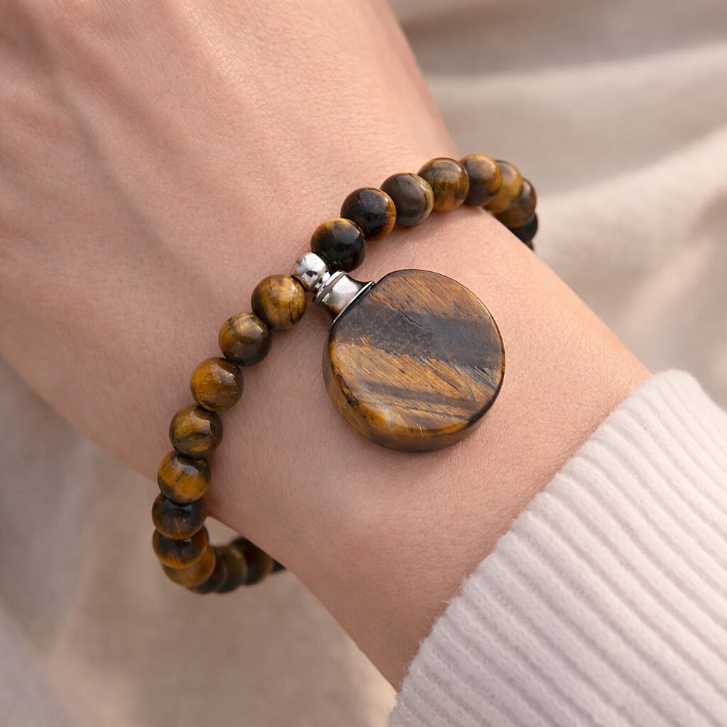 Yellow Tiger's Eye 65.00 ctw Beaded Bracelet in Silvertone (6-8.5In)