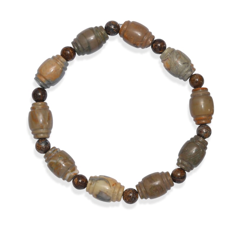 GCS Artistic Jasper Fancy 15x10mm and Bronzite 140.00 ctw Round 6-6.mm Beaded Stretch Bracelet