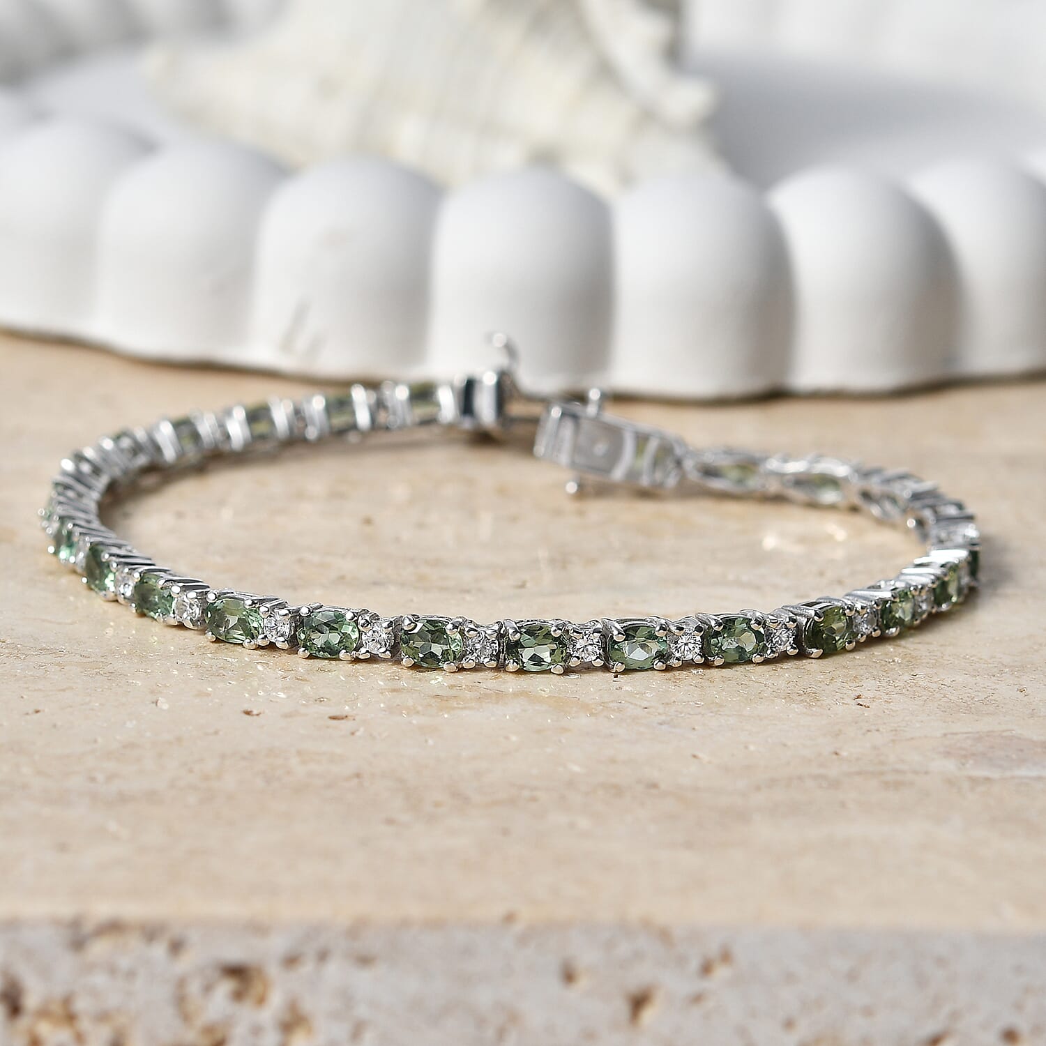 D'Joy Premium Natural Green Apatite, White Zircon Tennis Bracelet in Rhodium Over Sterling Silver (7.25 In) 6.50 ctw