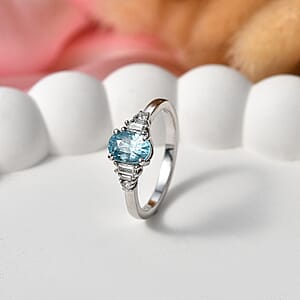 D'Joy Cambodian Blue Zircon and Moissanite 1.50 ctw Ring in Rhodium Over Sterling Silver (Size 7.0)