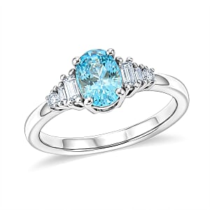 D'Joy Cambodian Blue Zircon and Moissanite 1.50 ctw Ring in Rhodium Over Sterling Silver (Size 9.0)