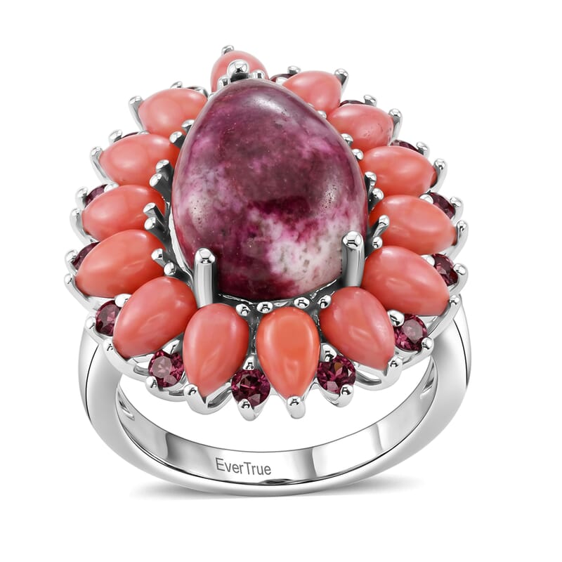 EverTrue Premium Norwegian Thulite and Multi Gemstone 10.10 ctw Blooming Dewdrop Halo Ring in Platinum Bond (Size 7.0)