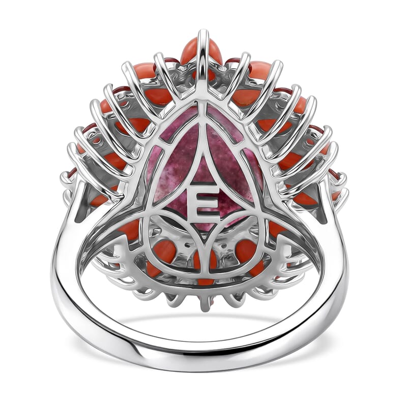 EverTrue Premium Norwegian Thulite and Multi Gemstone 10.10 ctw Blooming Dewdrop Halo Ring in Platinum Bond (Size 7.0)