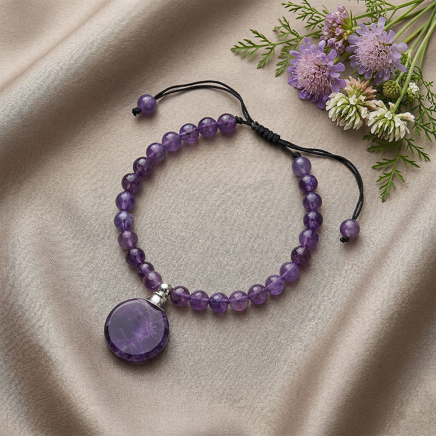 African Amethyst 65.00 ctw Beaded Bracelet in Silvertone (6-8.5In)