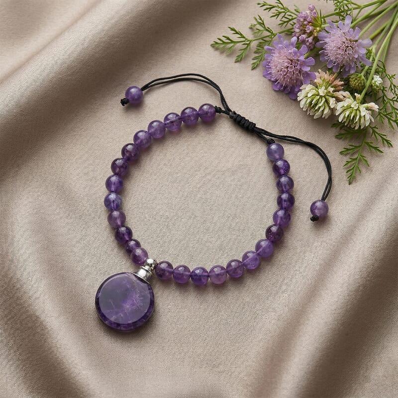 African Amethyst 65.00 ctw Beaded Bracelet in Silvertone (6-8.5In)