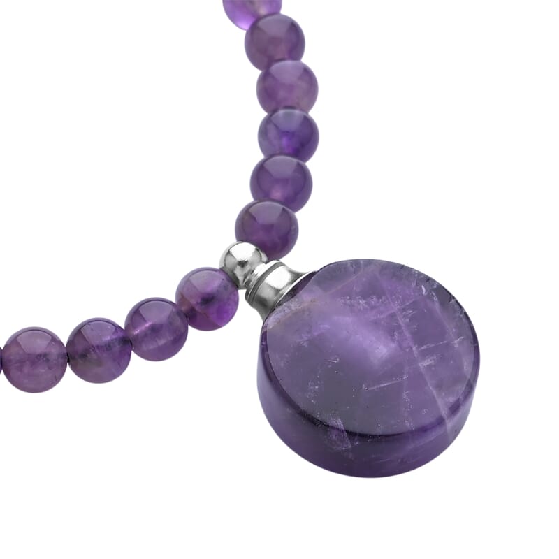 African Amethyst 65.00 ctw Beaded Bracelet in Silvertone (6-8.5In)