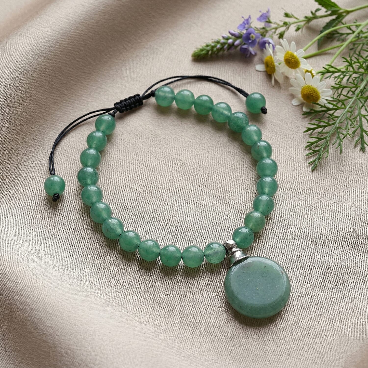 Green Aventurine 65.00 ctw Beaded Bracelet in Silvertone (6-8.5In)