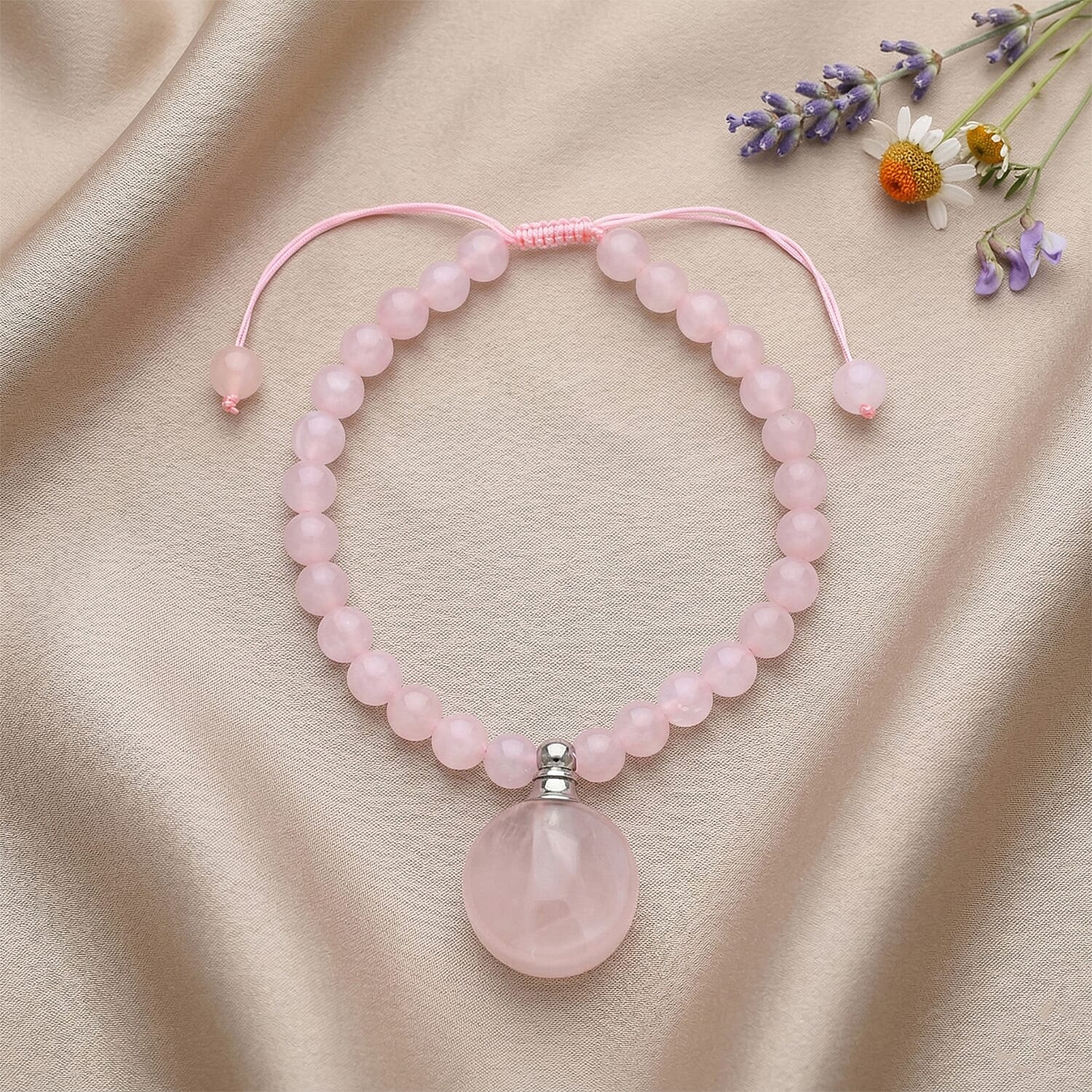 Galilea Rose Quartz 65.00 ctw Beaded Bracelet in Silvertone (6-8.5In)