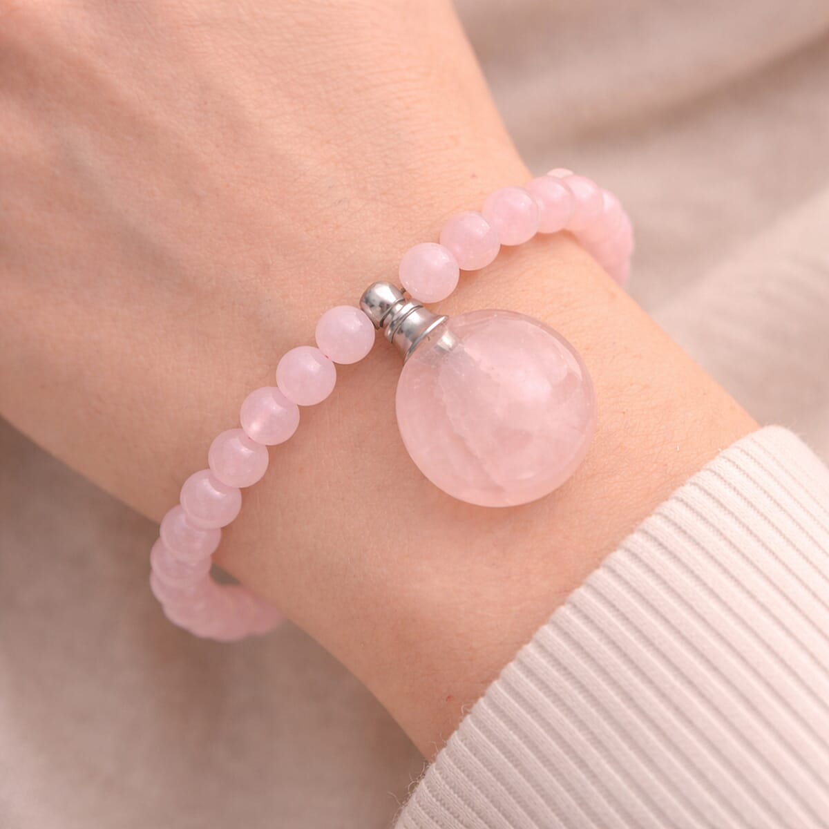 Galilea Rose Quartz 65.00 ctw Beaded Bracelet in Silvertone (6-8.5In) image number 2