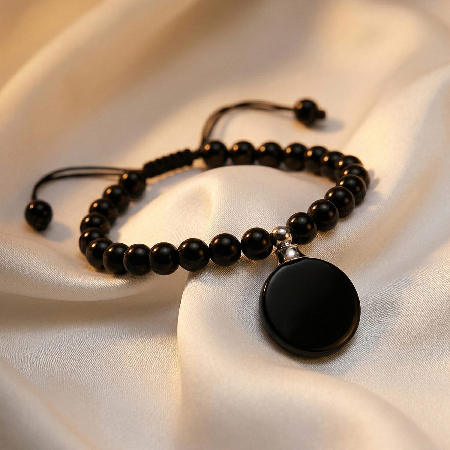 Black Obsidian 65.00 ctw Beaded Bracelet in Silvertone (6-8.5In)