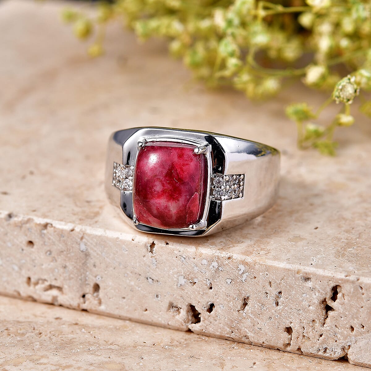 EverTrue Premium Norwegian Thulite and White Zircon 5.70 ctw Men's Ring in Platinum Bond (Size 10.0) image number 1