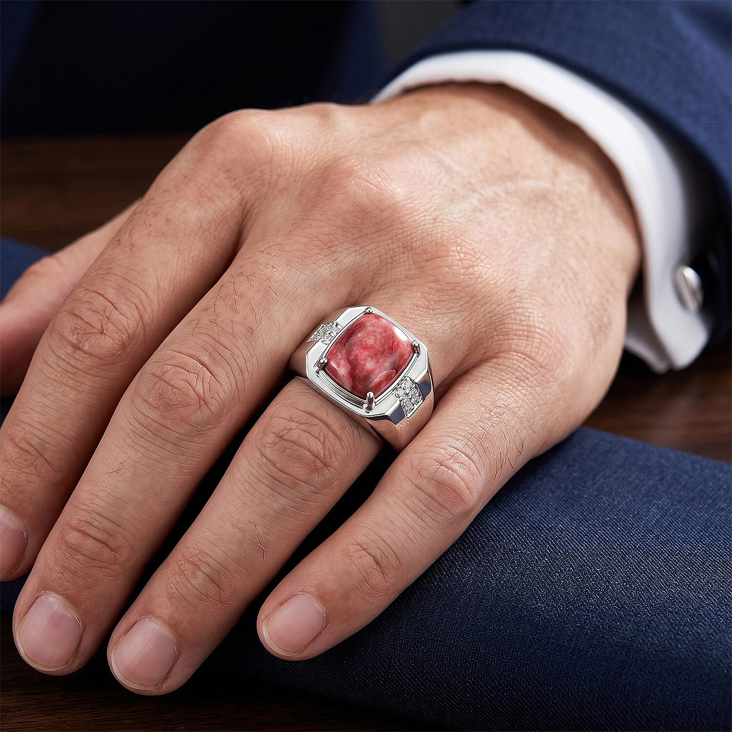 EverTrue Premium Norwegian Thulite and White Zircon 5.70 ctw Men's Ring in Platinum Bond (Size 12.0)
