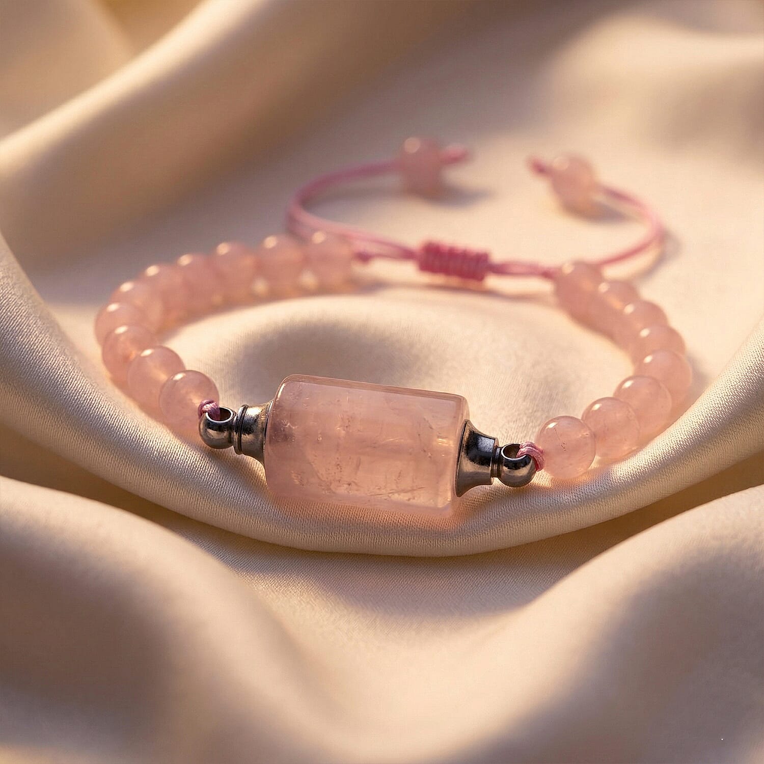 Galilea Rose Quartz 70.00 ctw Beaded Bracelet in Silvertone (6-8.5In)
