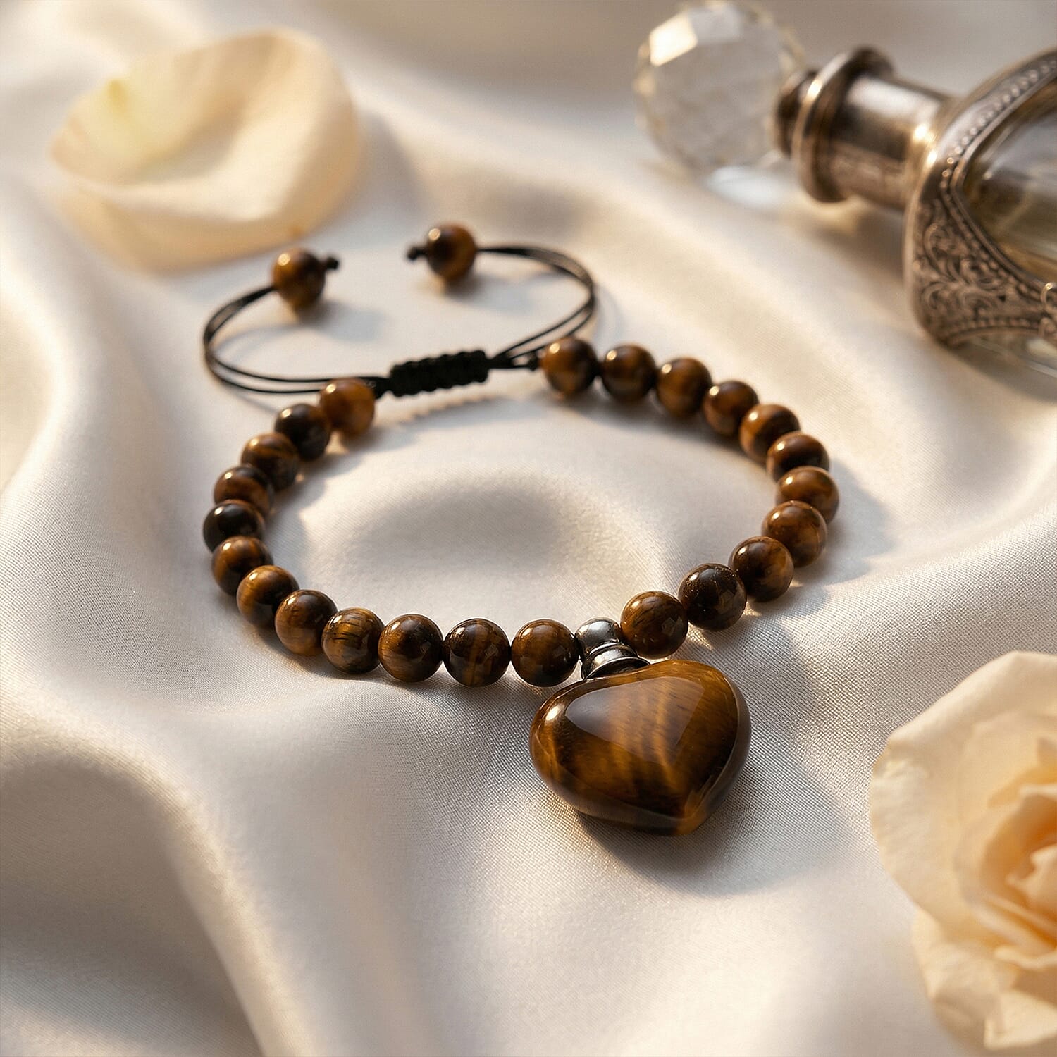 Yellow Tiger's Eye 70.00 ctw Beaded Heart Bracelet in Silvertone (6-8.5In)