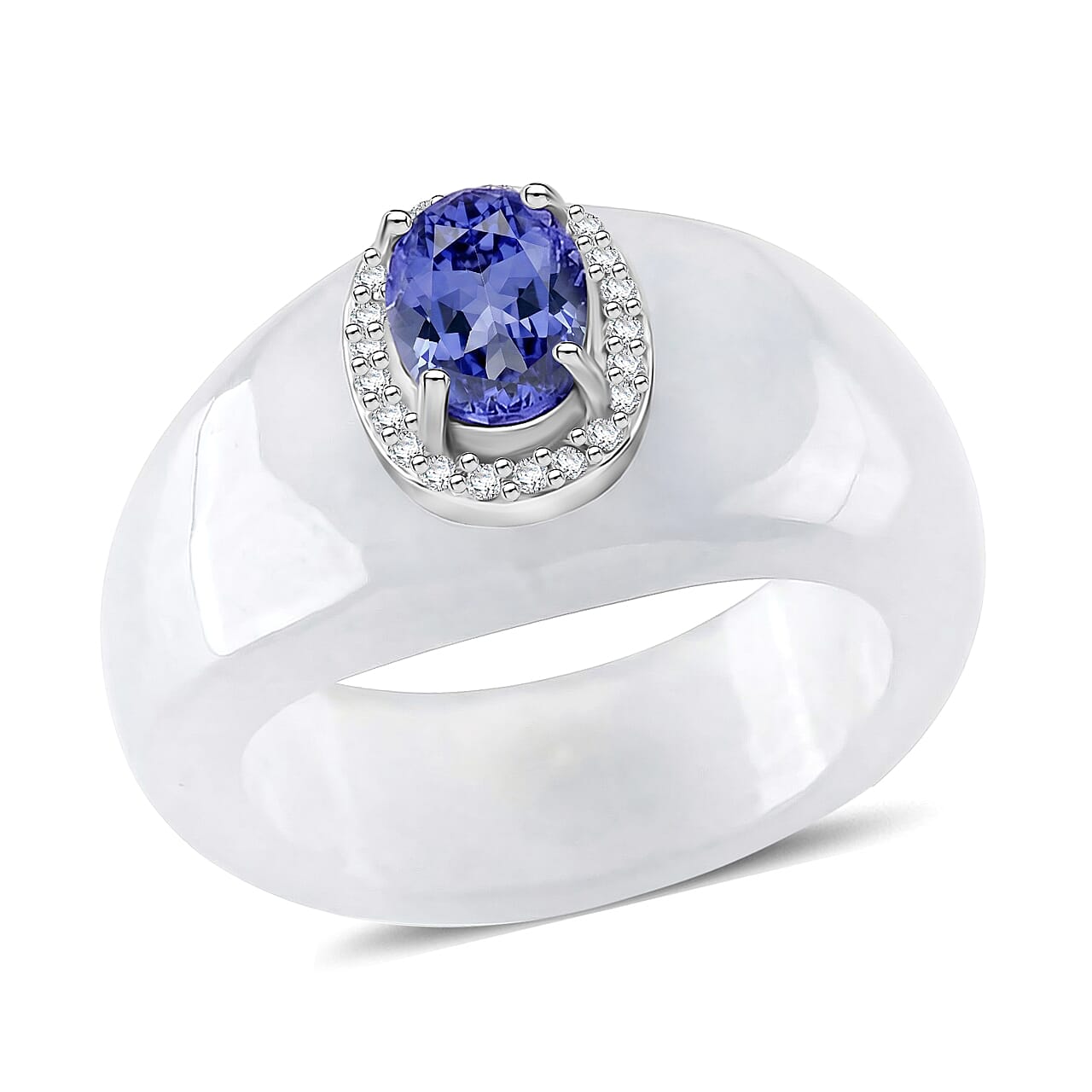 D'Joy Tanzanite, White Jade(D) and Moissanite 28.35 ctw Victorian Era Halo Ring in Rhodium Over Sterling Silver (Size 10.0)