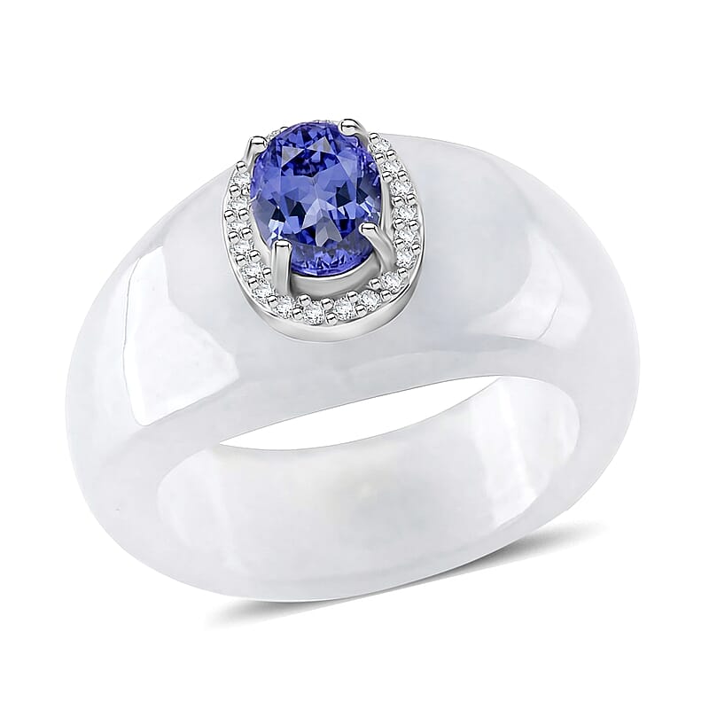 D'Joy Tanzanite, White Jade(D) and Moissanite 28.35 ctw Victorian Era Halo Ring in Rhodium Over Sterling Silver (Size 11.0)