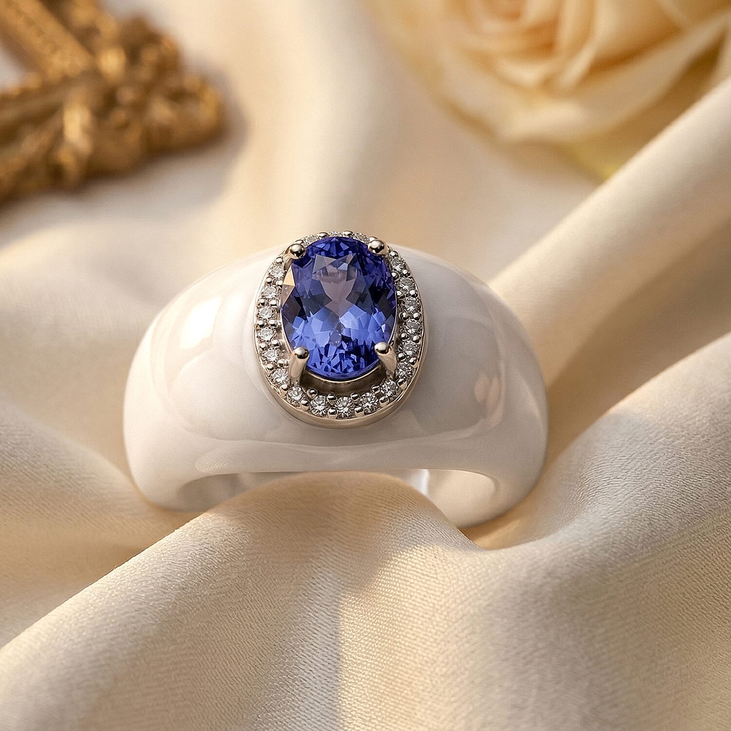 D'Joy Tanzanite, White Jade(D) and Moissanite 28.35 ctw Victorian Era Halo Ring in Rhodium Over Sterling Silver (Size 11.0)