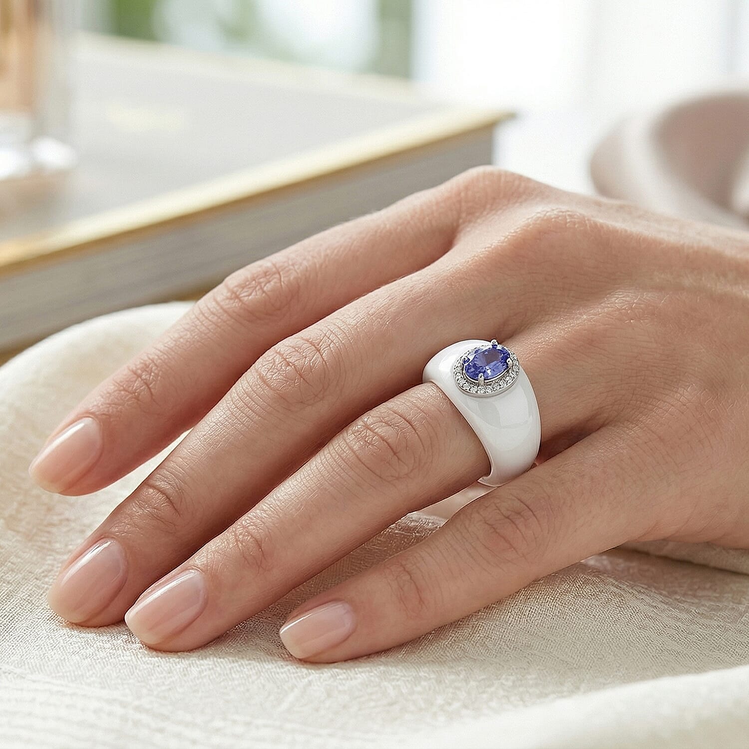 D'Joy Tanzanite, White Jade(D) and Moissanite 28.35 ctw Victorian Era Halo Ring in Rhodium Over Sterling Silver (Size 11.0)