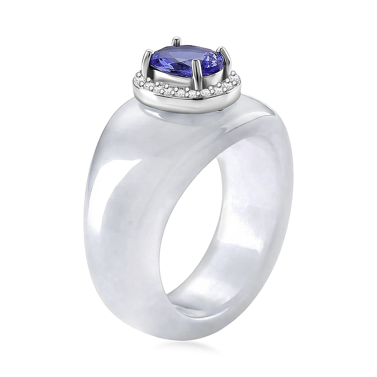D'Joy Tanzanite, White Jade(D) and Moissanite 28.35 ctw Victorian Era Halo Ring in Rhodium Over Sterling Silver (Size 11.0)