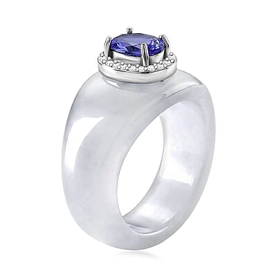 D'Joy Tanzanite, White Jade(D) and Moissanite 28.35 ctw Victorian Era Halo Ring in Rhodium Over Sterling Silver (Size 11.0)