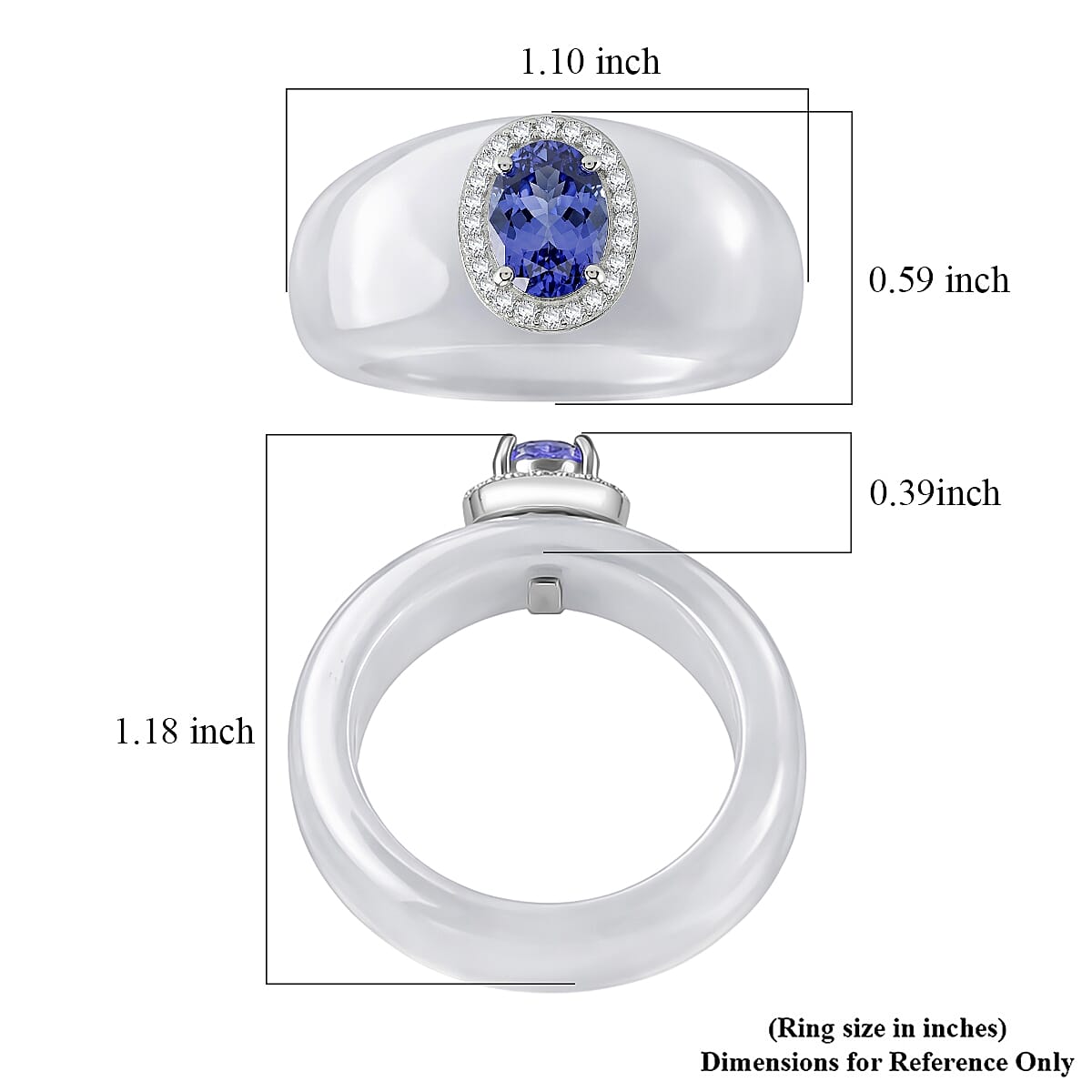 D'Joy Tanzanite, White Jade(D) and Moissanite 28.35 ctw Victorian Era Halo Ring in Rhodium Over Sterling Silver (Size 11.0)